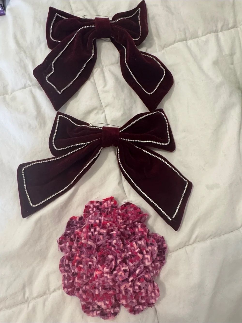 Velvet Bows for Hair Clip /pin with Crystal Trim - Burgundy